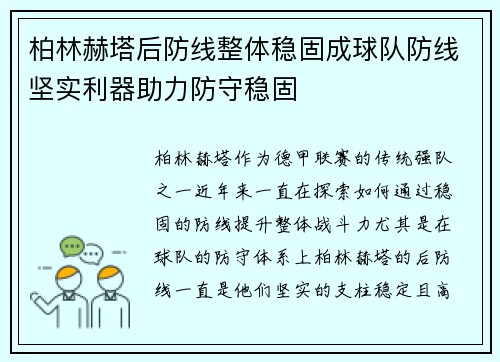 柏林赫塔后防线整体稳固成球队防线坚实利器助力防守稳固