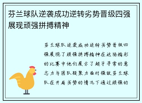 芬兰球队逆袭成功逆转劣势晋级四强展现顽强拼搏精神